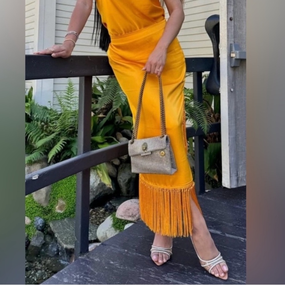 Rachel Zoe Mustard Yellow Fringe Midi Skirt